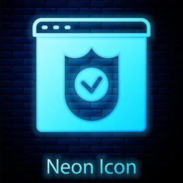 Glowing neon Browser with shield icon isolated on brick wall background. Se.. Иллюстрация