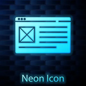 Glowing neon Browser window icon isolated on brick wall background. Vector 스톡 일러스트