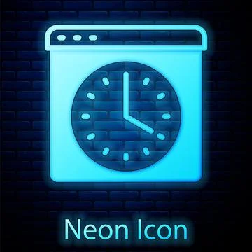 Glowing neon Browser window icon isolated on brick wall background. Vector Stockillustratie
