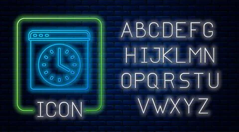 Glowing neon Browser window icon isolated on brick wall background. Neon light Stock Illustration