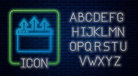 Glowing neon Browser window icon isolated on brick wall background. Neon light Stock Illustration