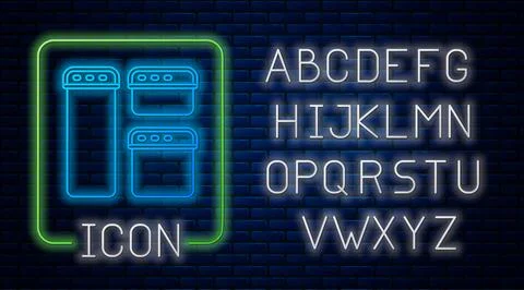 Glowing neon Browser window icon isolated on brick wall background. Neon light Stock Illustration