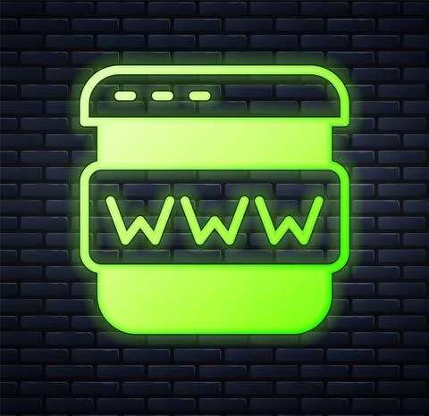 Glowing neon Browser window icon isolated on brick wall background. Vector Stockillustratie