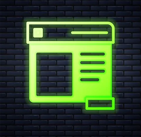 Glowing neon Browser window icon isolated on brick wall background. Vector イラスト素材