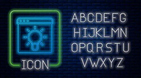 Glowing neon Browser window icon isolated on brick wall background. Neon light Illustrazione stock