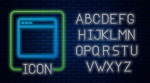 Glowing neon Browser window icon isolated on brick wall background. Neon light Stock Illustration