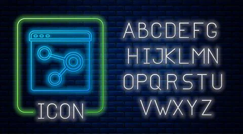 Glowing neon Browser window icon isolated on brick wall background. Neon li.. Stockillustratie