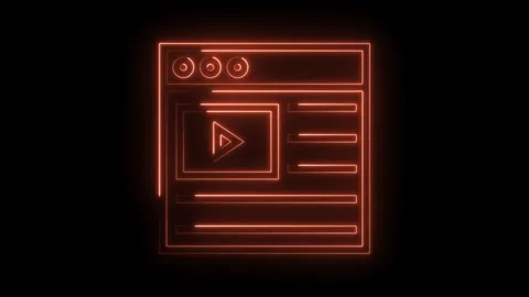 Glowing neon browser window with play button animation on black background Stock Footage 322986184