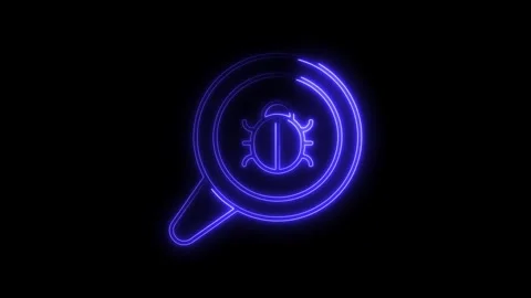 Glowing neon bug icon inside magnifying glass searching for malware virus c.. Stock Footage 314701880