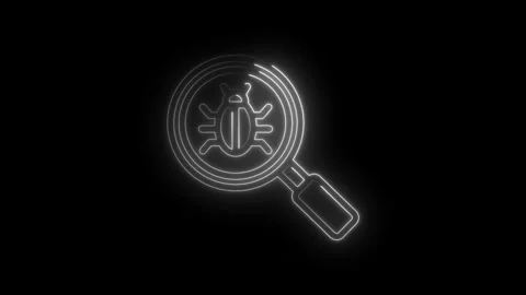 Glowing neon bug icon inside magnifying glass on black background digital a.. Stock Footage 346139616