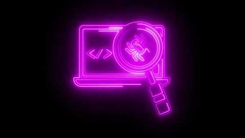 Glowing neon bug icon on laptop screen with magnifying glass and code symbo.. Stock Footage 314712913