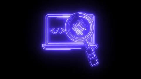 Glowing neon bug icon on laptop screen with code symbols and magnifying gla.. Stock Footage 314712921