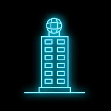 Glowing neon building with globe on top over black background Ilustración de archivo