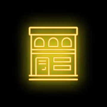 Glowing neon building icon representing modern architecture and urban landsca Ilustración de archivo