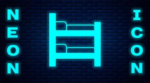 Glowing neon Bunk bed icon isolated on brick wall background. Vector Stock Illustration