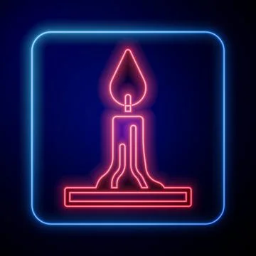 Glowing neon Burning candle in candlestick icon isolated on black backgroun.. Stock Illustration