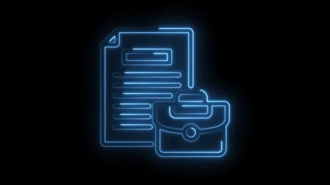 Glowing neon business document and briefcase outline on black background Stock Footage 330777612
