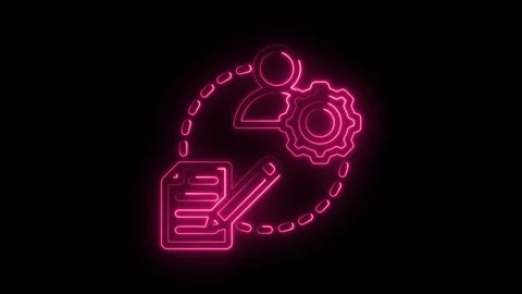 Glowing neon business process automation icon on black background for technology Stock Footage 330784687