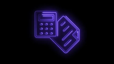 Glowing neon calculator and documents outline on black background animation Stock Footage 322977585