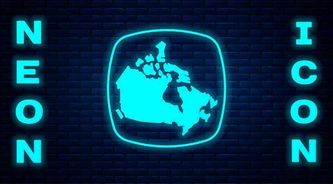 Glowing neon Canada map icon isolated on brick wall background.  Vector Stock Illustration