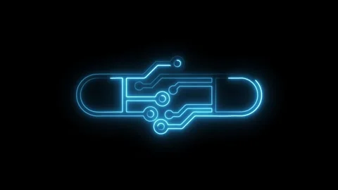 Glowing neon capsule pill with circuit board design animation on black back.. Stock Footage 308190772