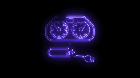 Glowing neon car dashboard with broken power cord on a black background Stock Footage 330779816