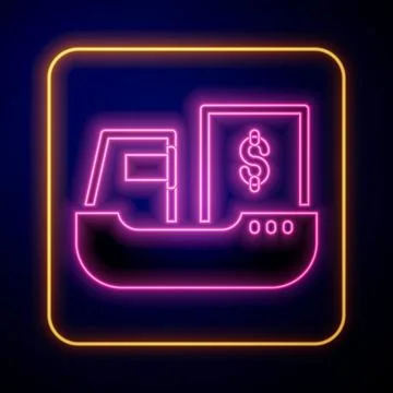 Glowing neon Cargo ship with boxes delivery service icon isolated on black Stock Illustration