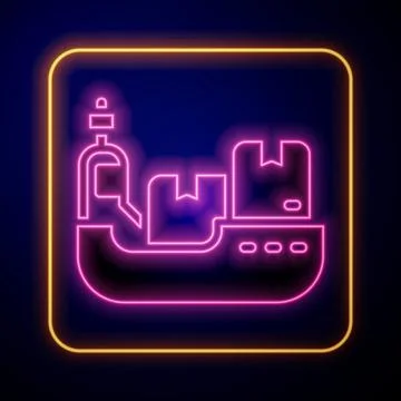 Glowing neon Cargo ship with boxes delivery service icon isolated on black Stock Illustration