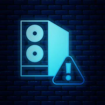 Glowing neon Case of computer with exclamation mark icon isolated on brick wall Stockillustratie