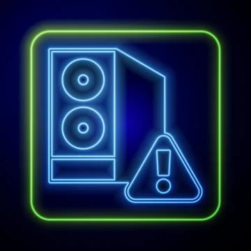 Glowing neon Case of computer with exclamation mark icon isolated on blue b.. 스톡 일러스트