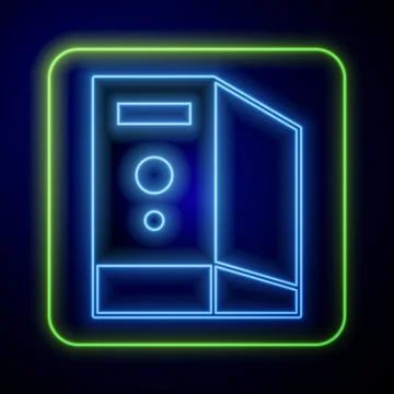Glowing neon Case of computer icon isolated on blue background. Computer server Illustrazione stock