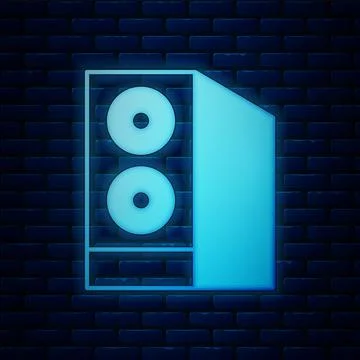 Glowing neon Case of computer icon isolated on brick wall background. Computer Illustrazione stock