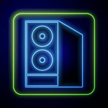 Glowing neon Case of computer icon isolated on blue background. Computer server Stock Illustration