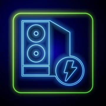 Glowing neon Case of computer icon isolated on blue background. Computer server Stock Illustration