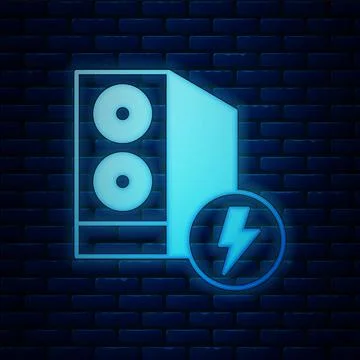 Glowing neon Case of computer icon isolated on brick wall background. Computer Illustrazione stock