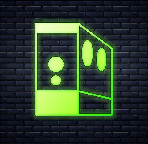 Glowing neon Case of computer icon isolated on brick wall background. Computer Stock Illustration