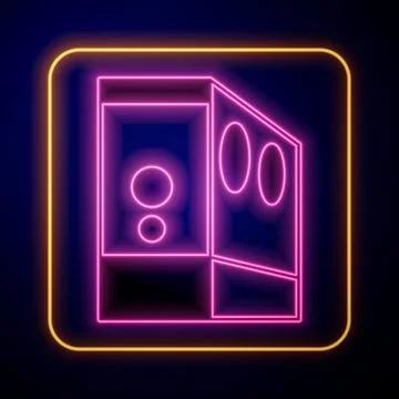 Glowing neon Case of computer icon isolated on black background. Computer server 스톡 일러스트