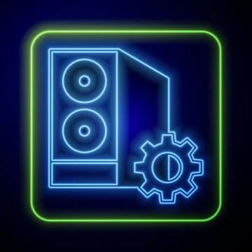 Glowing neon Case of computer setting icon isolated on blue background. Computer Stock Illustration