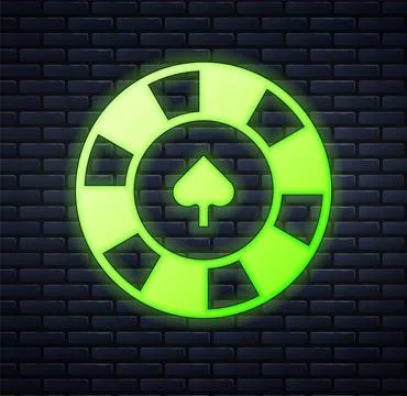 Glowing neon Casino chips icon isolated on brick wall background. Casino ga.. Stock Illustration