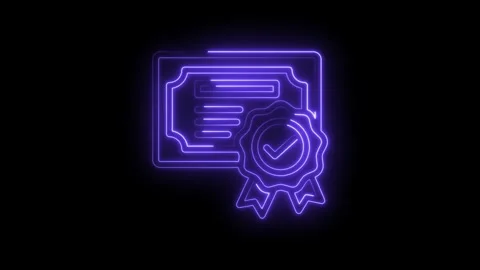 Glowing Neon Certificate Icon with Checkmark Approval Seal Neon Line Art Stock Footage 333951632