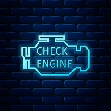 Glowing neon Check engine icon isolated on brick wall background. Vector Stock Illustration