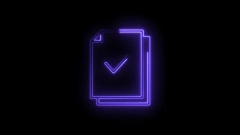 Glowing neon check mark on document illustration animated on black background Stock Footage 314536608