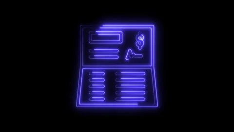 Glowing neon checkbook animation on black background for financial and bank.. Stock Footage 314540604