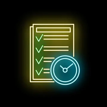 Glowing neon checklist with clock for time management Stock Illustration