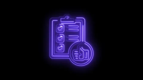 Glowing neon checklist with completed tasks and thumbs up icon on black Stock-Footage 333957951