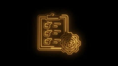 Glowing neon checklist with completed tasks and gear icon representing quality Stock Footage 333970202