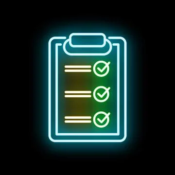 Glowing neon checklist with completed tasks icon Stock Illustration