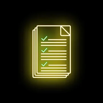 Glowing neon checklist document icon verifying tasks Stockillustratie