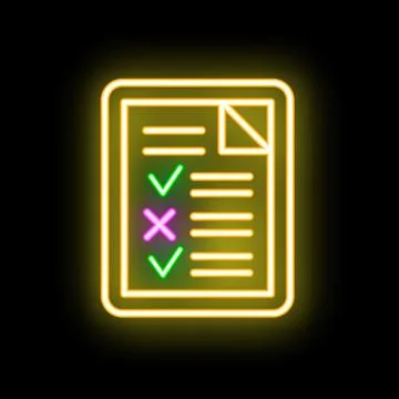 Glowing neon checklist icon displaying completed tasks on black background Stock Illustration