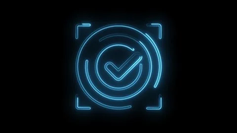 Glowing neon checkmark animation with circular elements on a dark black bac.. Stock Footage 314537763
